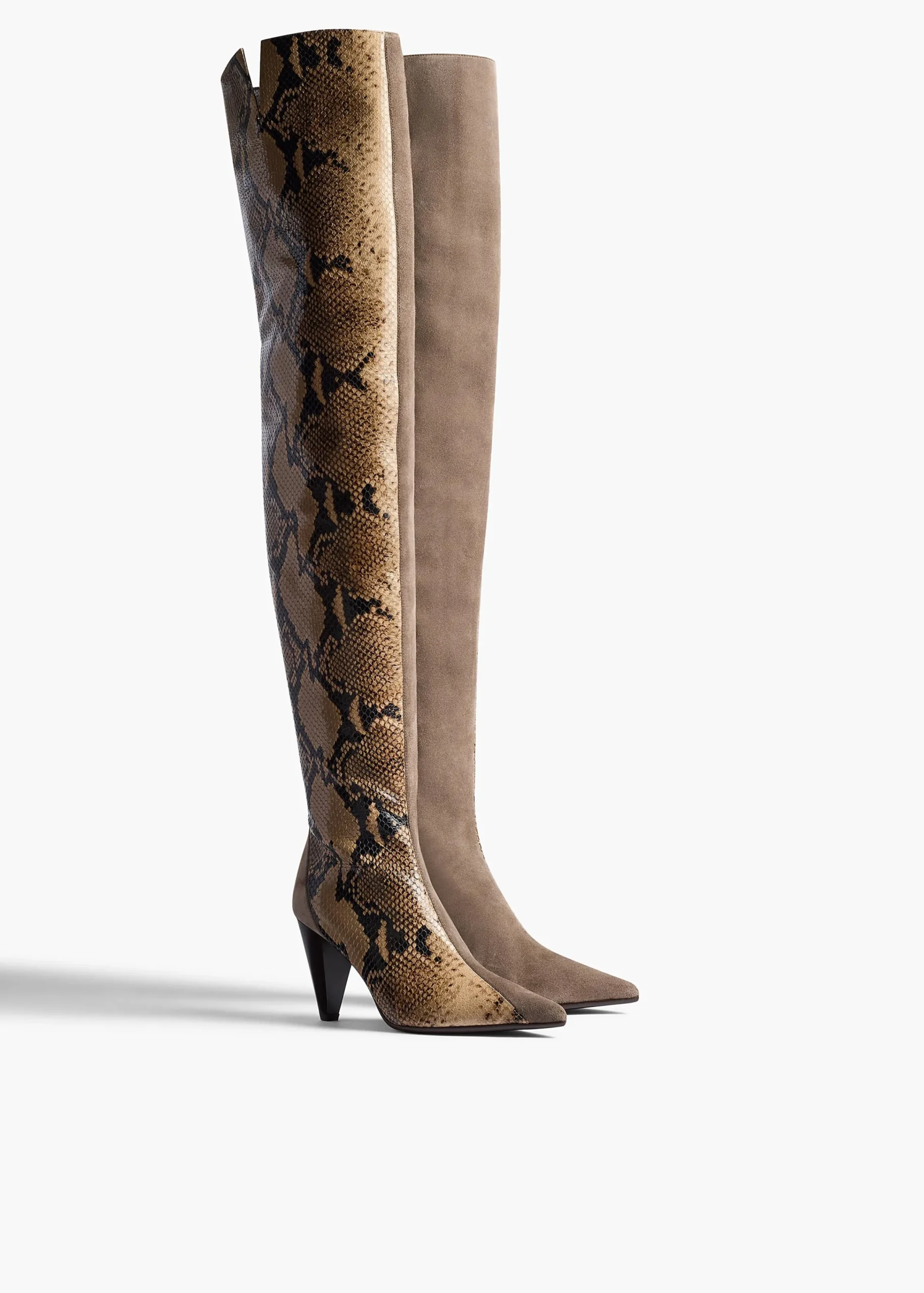 Harvey Over-the-Knee High Boot in Morning Dove Suede and Taupe Python-|Khaite Sale