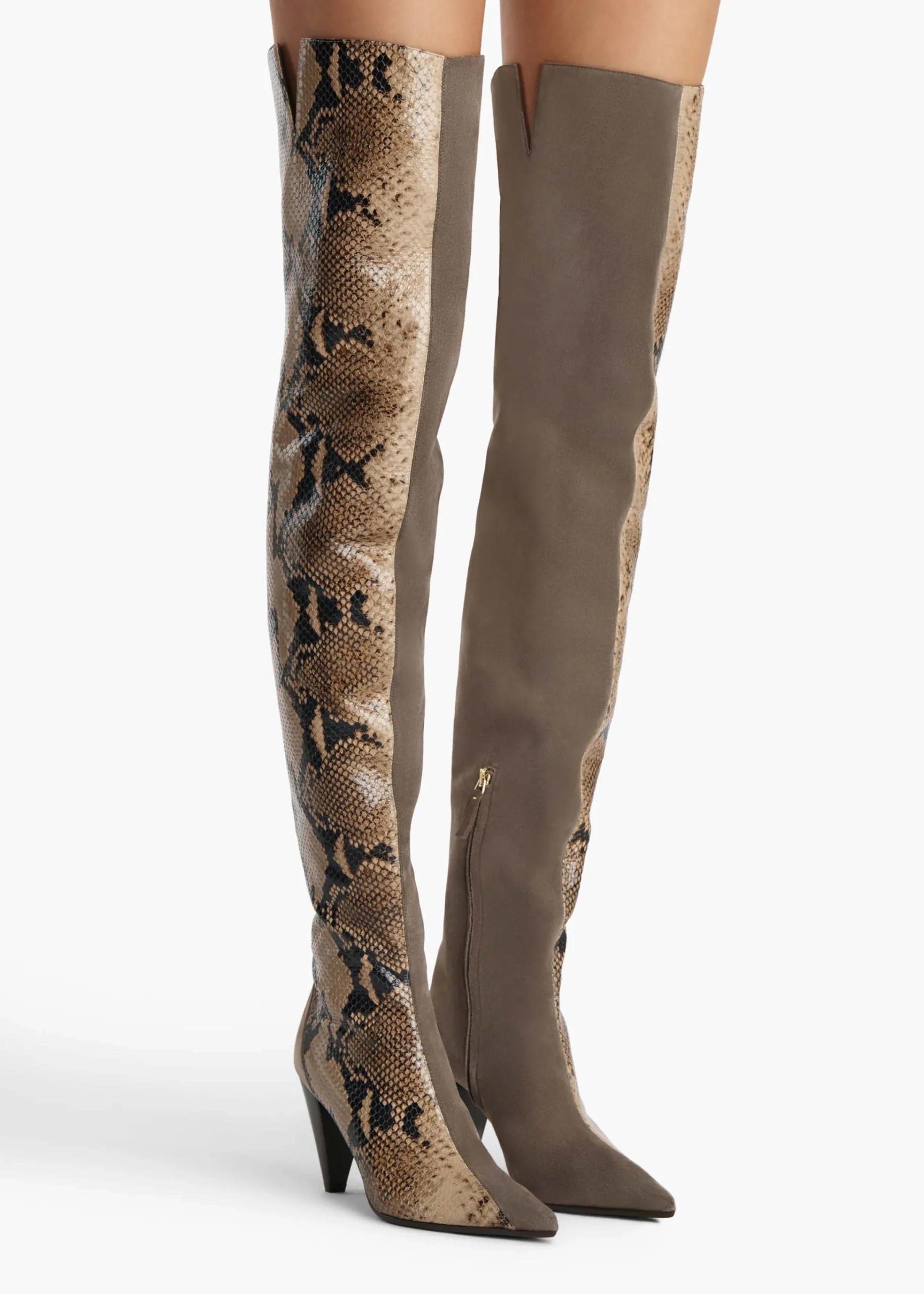 Harvey Over-the-Knee High Boot in Morning Dove Suede and Taupe Python-|Khaite Sale
